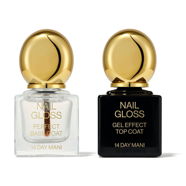 Two nail gloss bottles with gold caps on a white background