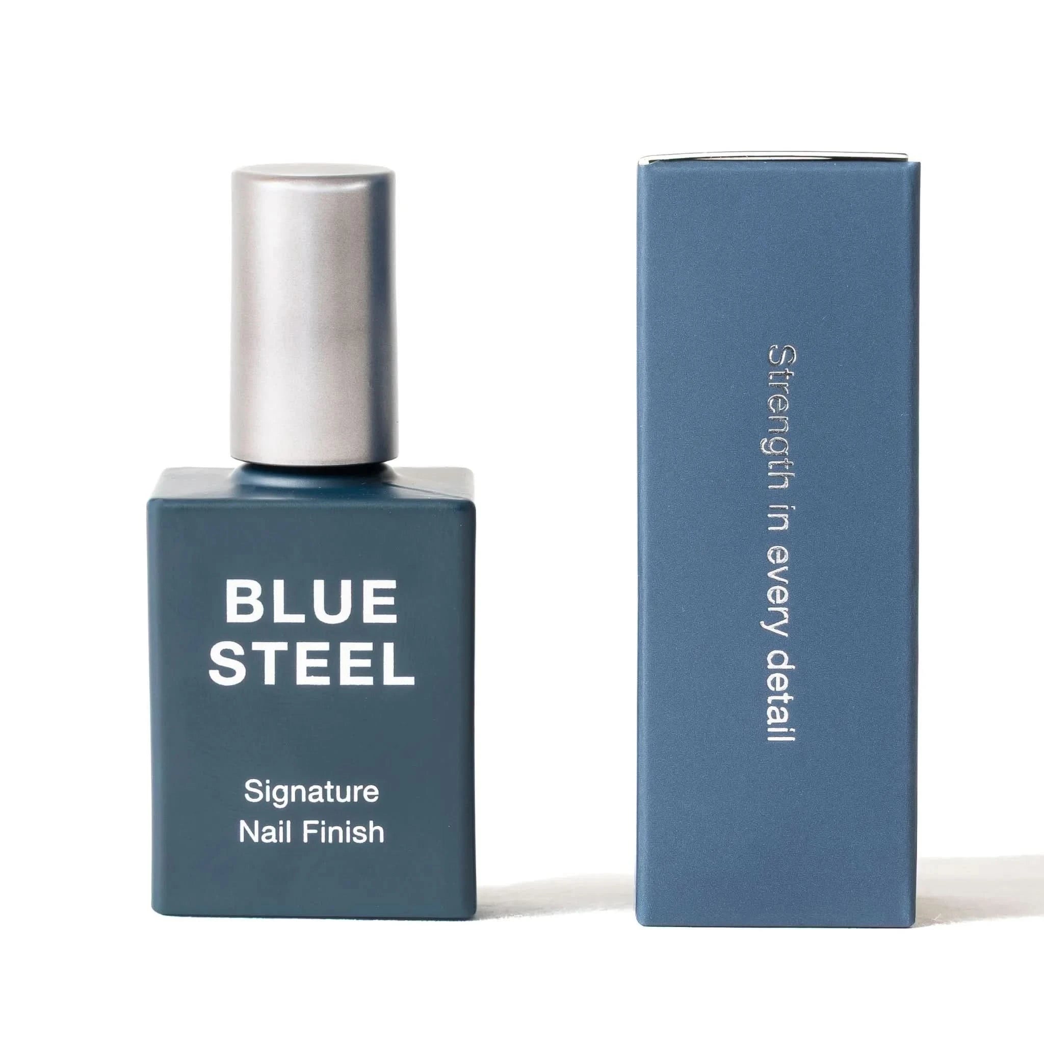 Blue Steel nail polish bottle with matching packaging on a white background