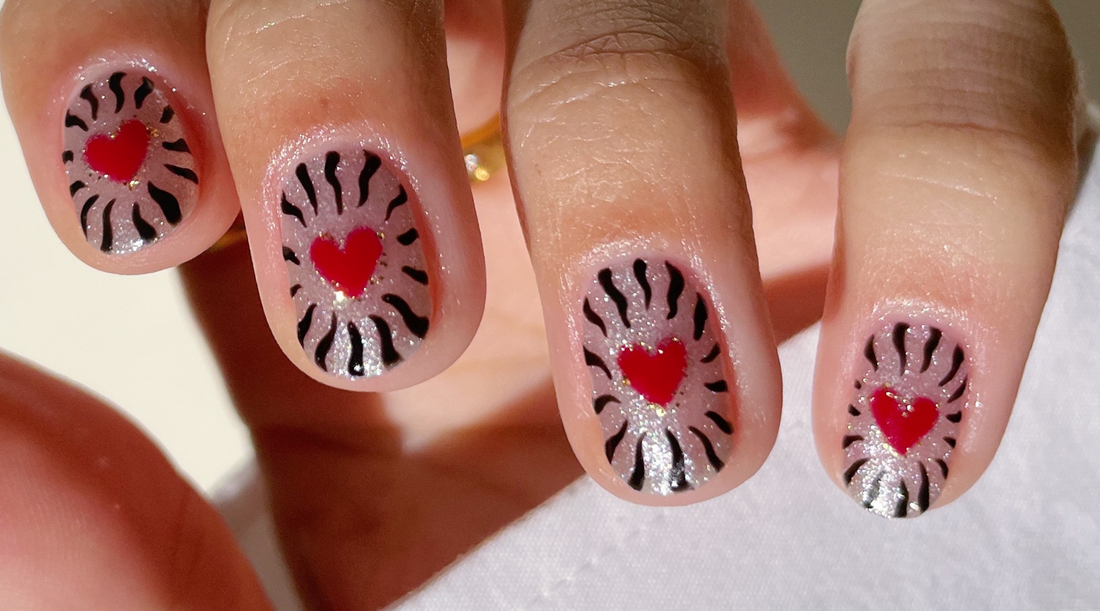 Red heart with black lines valentine's day nail art