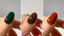 an image with three thumbs each with a different gel polish shade. one is dark green, one is dark brown, and the third is a deep red