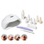 A nail art kit on a white background, including a white UV lamp, multiple bottles of nail polish in white, beige, and pink, a purple nail file, a metal cuticle tool, and four circular inset images showing nail color samples.