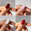 Four-panel close-up of a fingernail shown in different polish colors: deep burgundy, pale pink, white, and glittery deep red, against a light neutral background.