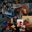 Collage of cozy activities with candles, wine, and coffee on a dark background.