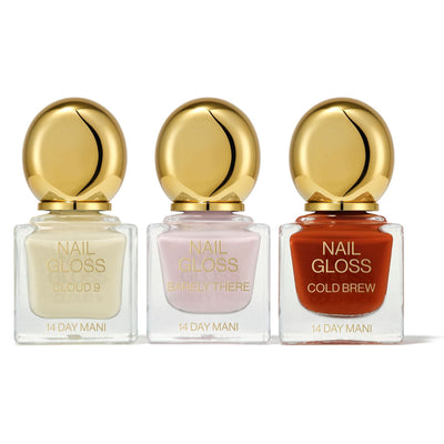 The Sundae Swirl nail polish trio - includes a baby yellow shade, a classic baby pink shade and a terracotta brown nail polish shade