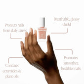 Hand holding a bottle of Nonicure nail polish with product features highlighted.