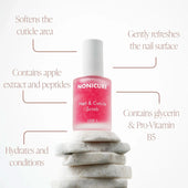 Nonicure nail and cuticle scrub bottle on stones with product benefits text.