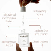 Nonicure nail serum with text highlighting benefits on a white background