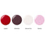Red, purple, white and pink colour swatches with names Lipstain, November, Almond milk, peonies on plain background