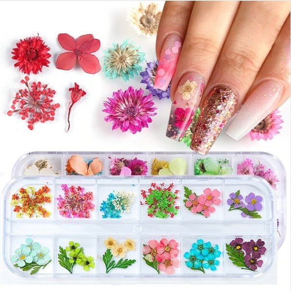Deago Dried Flowers for Nail Art,12 Colors Dry Flowers Mini Real Natural  Flowers Nail Art Supplies 3D Applique Nail Sticker for Tips Manicure Decor